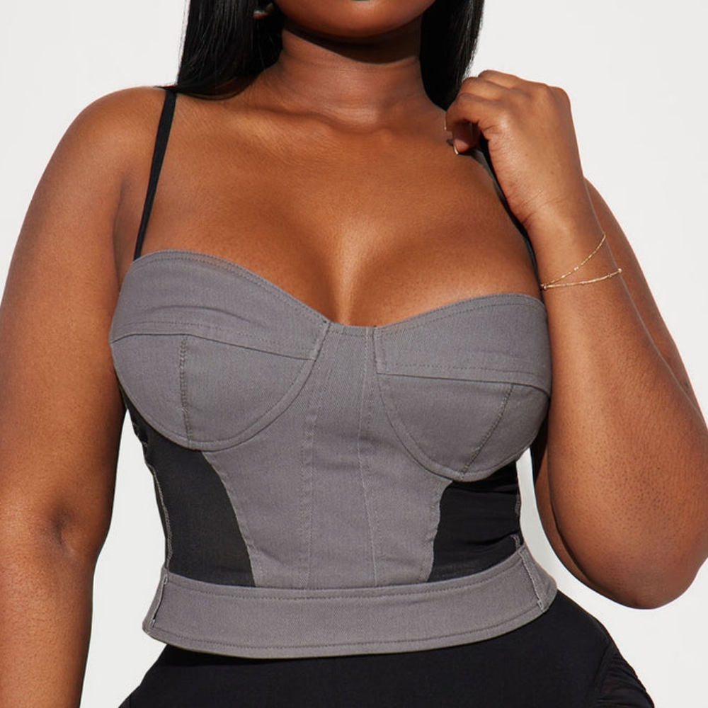 NWT Grey Black Denim Mesh Corset Top 6-8